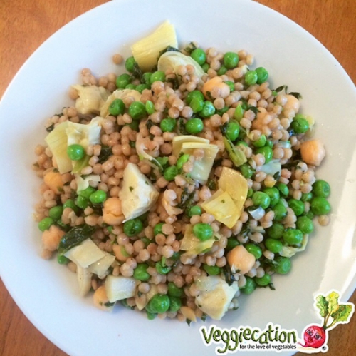 Cous Cous Salad with Peas, Kale, Artichoke Hearts, and Chickpeas